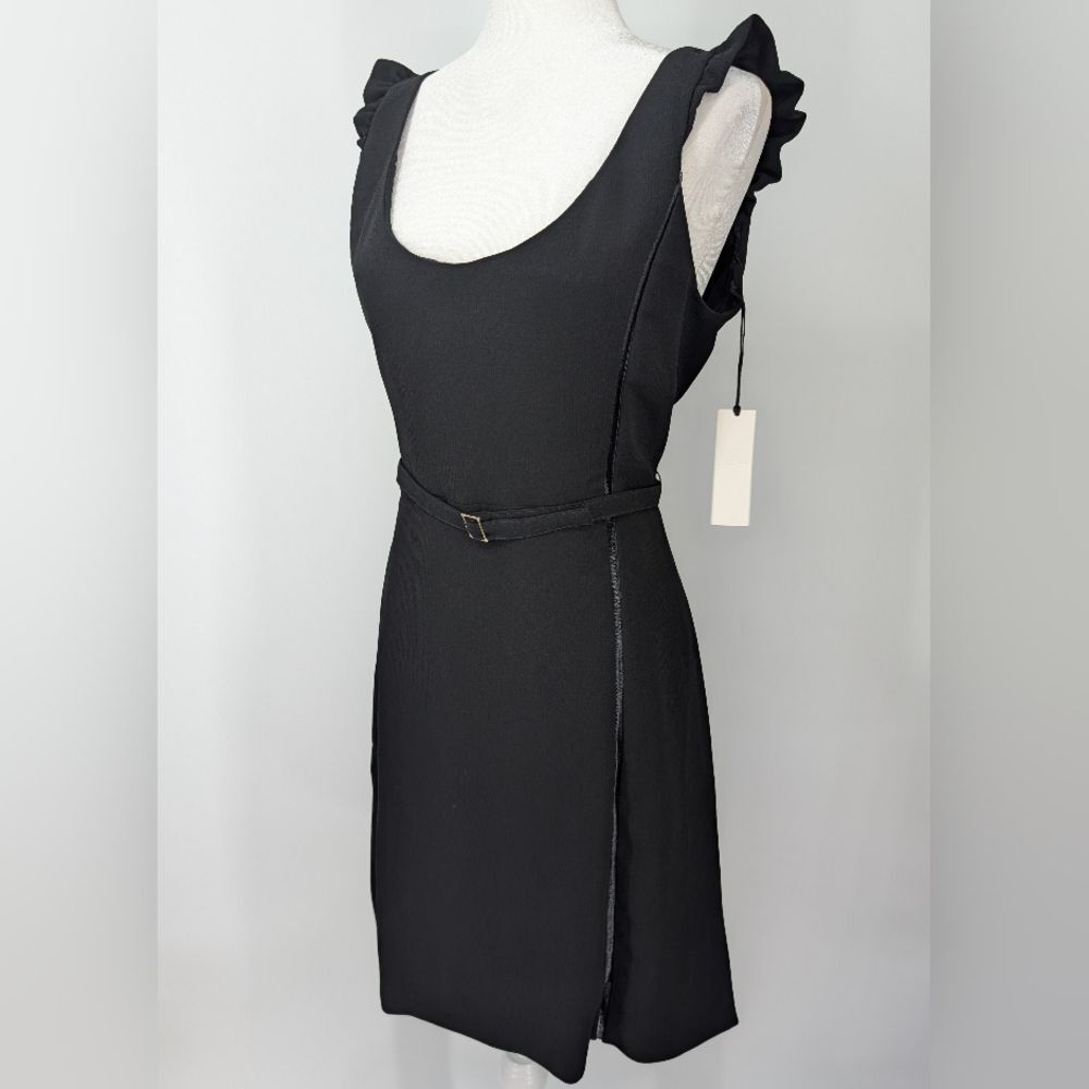 L'AGENCE Black Ruffle Cap Sleeve Scoop Neck Belted A-Line Mini Dress 8 NWT